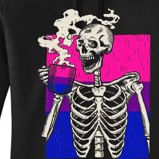 Skeleton Drinking Coffee LGBTQ Retro Bisexual Pride Flag Women's Pullover Hoodie