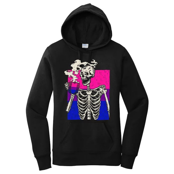 Skeleton Drinking Coffee LGBTQ Retro Bisexual Pride Flag Women's Pullover Hoodie