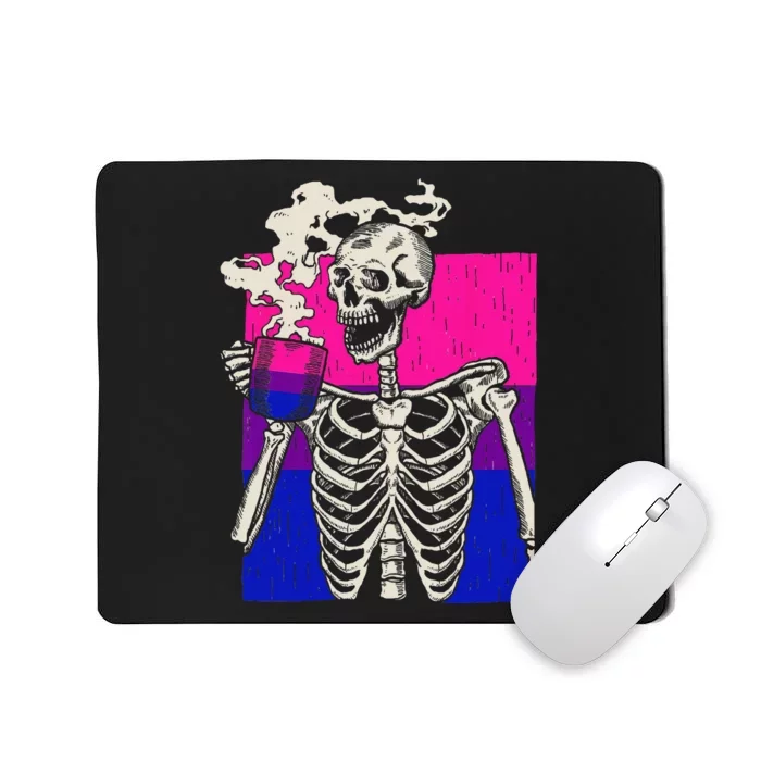 Skeleton Drinking Coffee LGBTQ Retro Bisexual Pride Flag Mousepad