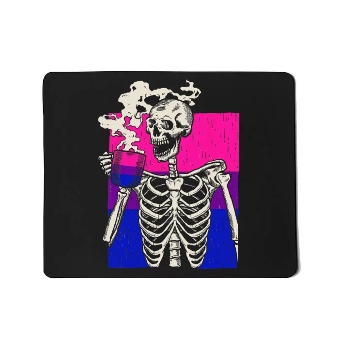 Skeleton Drinking Coffee LGBTQ Retro Bisexual Pride Flag Mousepad