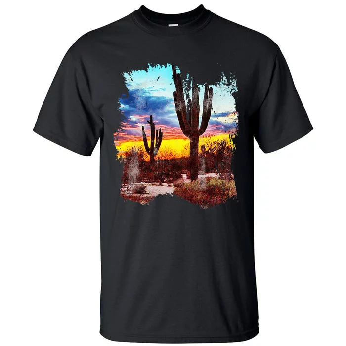 Southwest Desert Cactus Vintage Sunset Scene 80S Western Tall T-Shirt