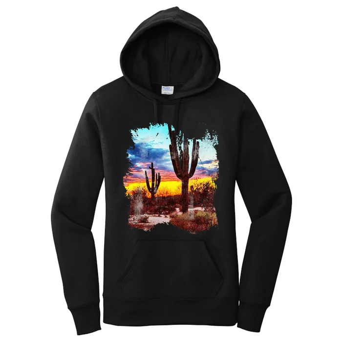 Southwest Desert Cactus Vintage Sunset Scene 80S Western Women's Pullover Hoodie