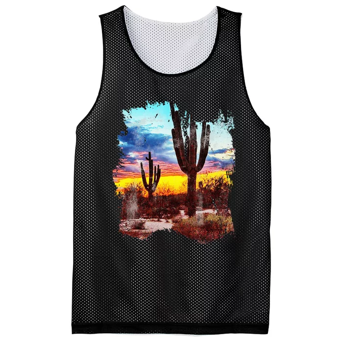 Southwest Desert Cactus Vintage Sunset Scene 80S Western Mesh Reversible Basketball Jersey Tank