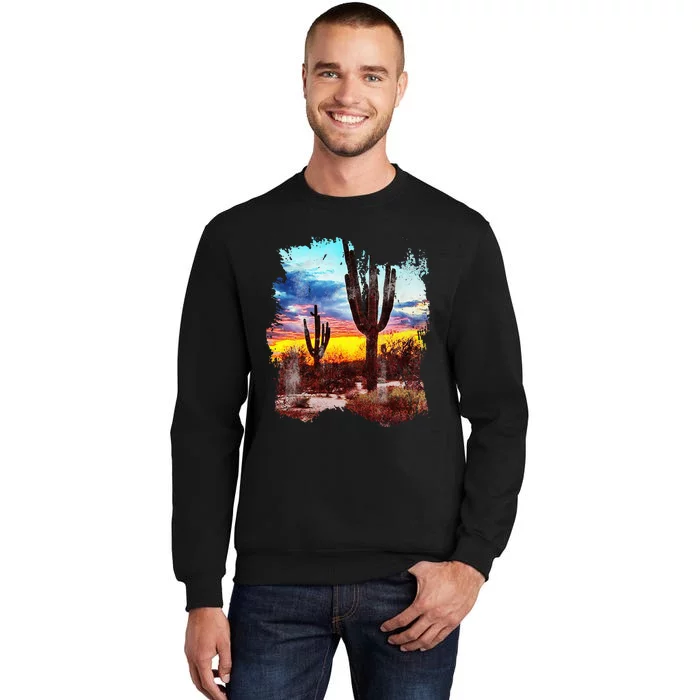 Southwest Desert Cactus Vintage Sunset Scene 80S Western Tall Sweatshirt