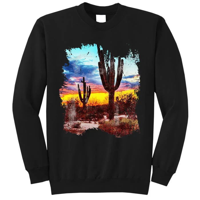 Southwest Desert Cactus Vintage Sunset Scene 80S Western Tall Sweatshirt