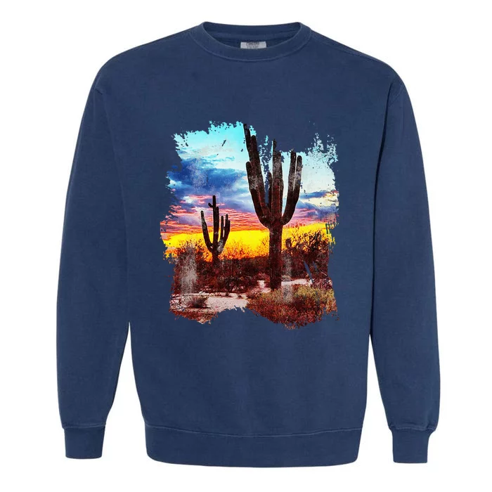 Southwest Desert Cactus Vintage Sunset Scene 80S Western Garment-Dyed Sweatshirt