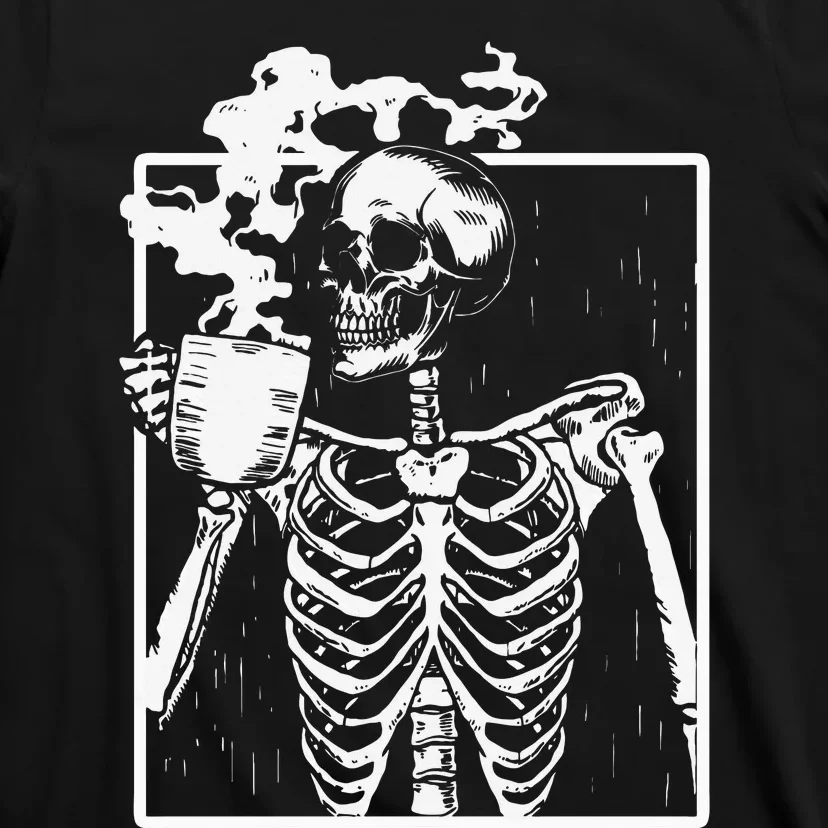 Skeleton Drinking Coffee Front Design White T-Shirt