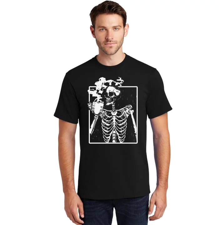 Skeleton Drinking Coffee Front Design White Tall T-Shirt