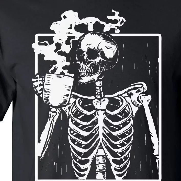 Skeleton Drinking Coffee Front Design White Tall T-Shirt