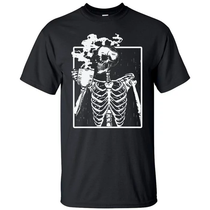 Skeleton Drinking Coffee Front Design White Tall T-Shirt