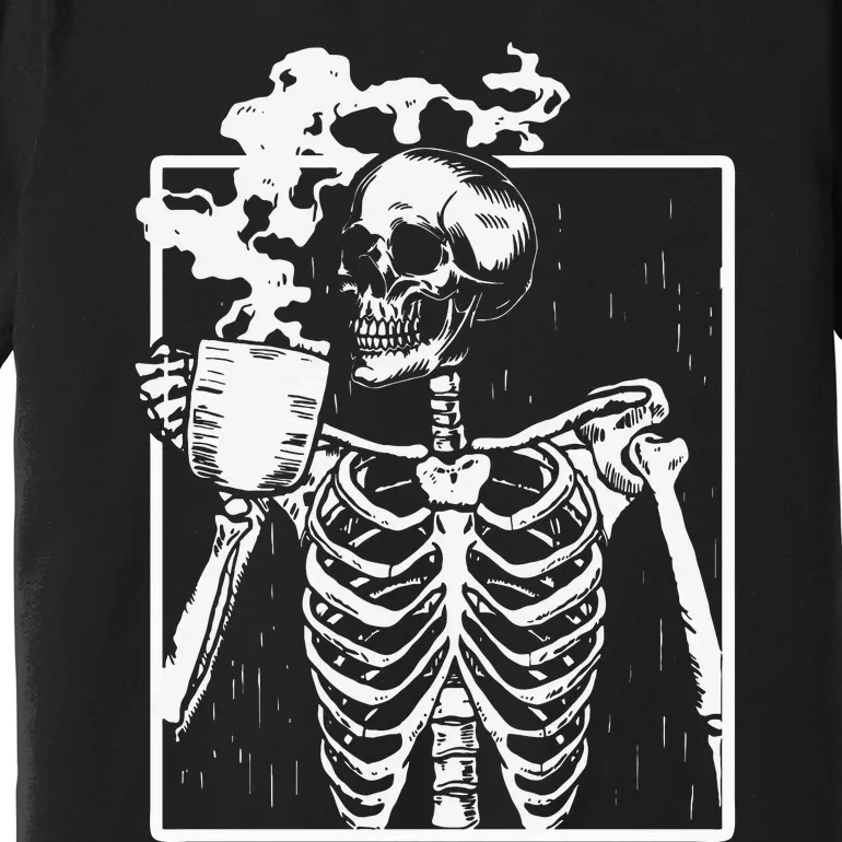 Skeleton Drinking Coffee Front Design White Premium T-Shirt