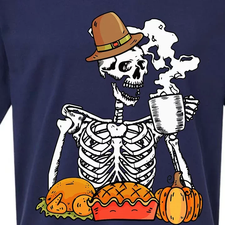 Skeleton Drinking Coffee Thanksgiving Pumpkin Pie Turkey Sueded Cloud Jersey T-Shirt