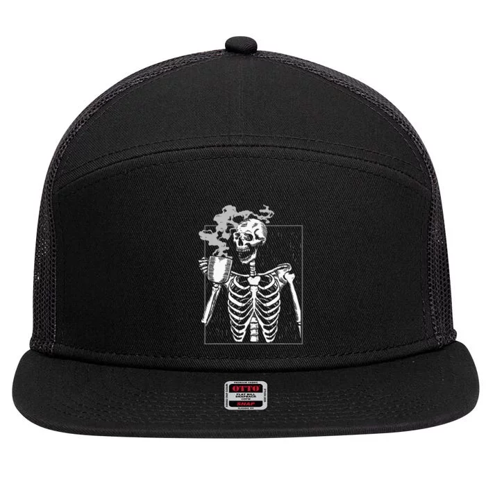 Skeleton Drinking Coffee Caffeine Lover Coffee Brewer 7 Panel Mesh Trucker Snapback Hat