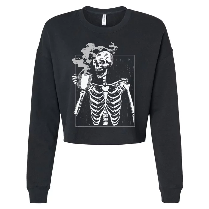 Skeleton Drinking Coffee Caffeine Lover Coffee Brewer Cropped Pullover Crew