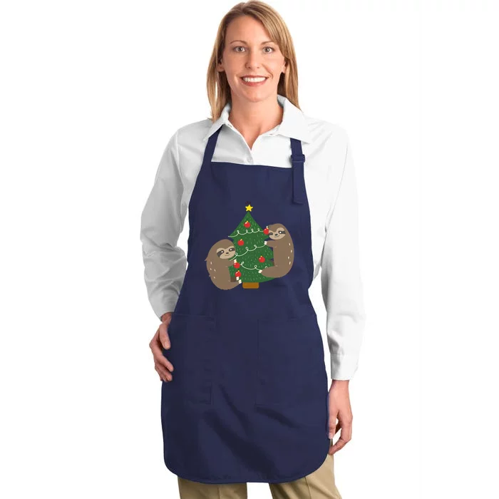 Sloths Decorating Christmas Tree Full-Length Apron With Pocket