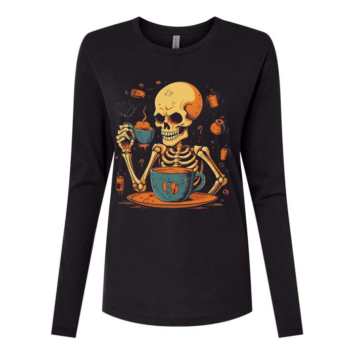 Skeleton Drinking Coffee Halloween Costume Barista Womens Cotton Relaxed Long Sleeve T-Shirt