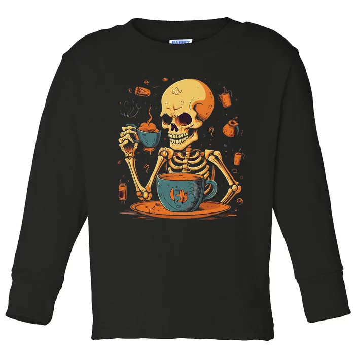 Skeleton Drinking Coffee Halloween Costume Barista Toddler Long Sleeve Shirt