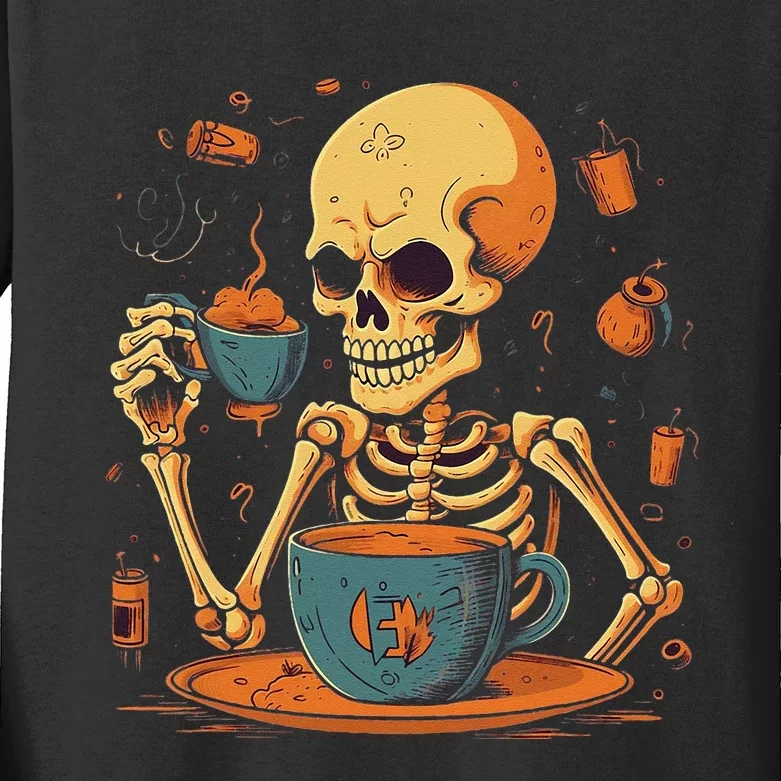 Skeleton Drinking Coffee Halloween Costume Barista Kids Long Sleeve Shirt