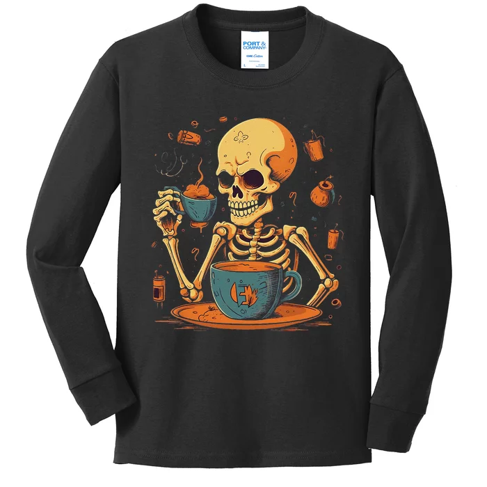 Skeleton Drinking Coffee Halloween Costume Barista Kids Long Sleeve Shirt