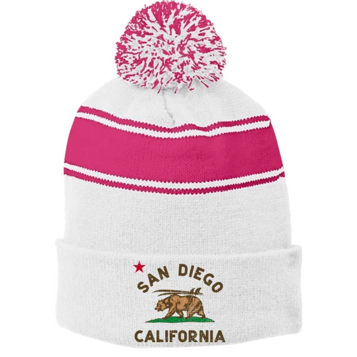 San Diego California Beach Flag Bear Surf Ca Stripe Pom Pom Beanie