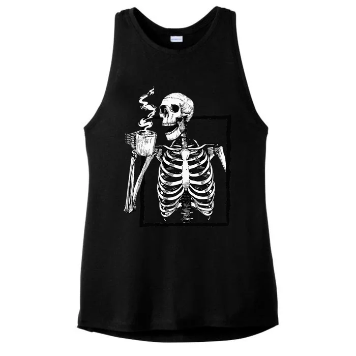 Skeleton Drinking Coffee Lover Funny Halloween Skull Ladies Tri-Blend Wicking Tank