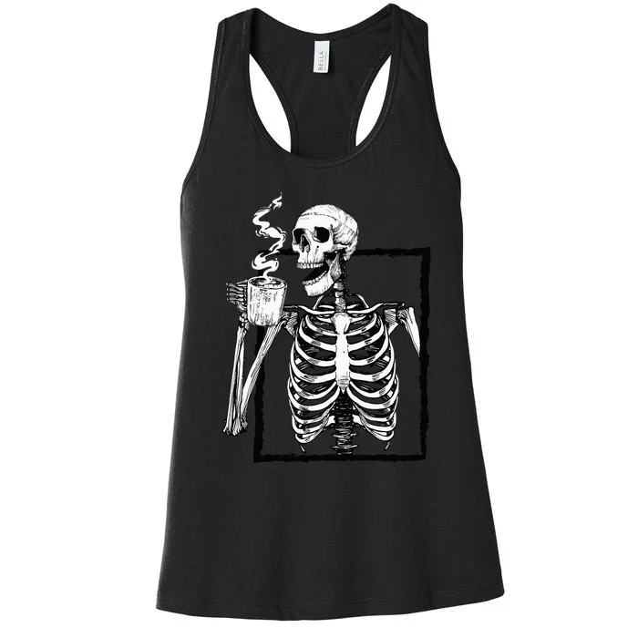 Skeleton Drinking Coffee Lover Funny Halloween Skull Women's Racerback Tank