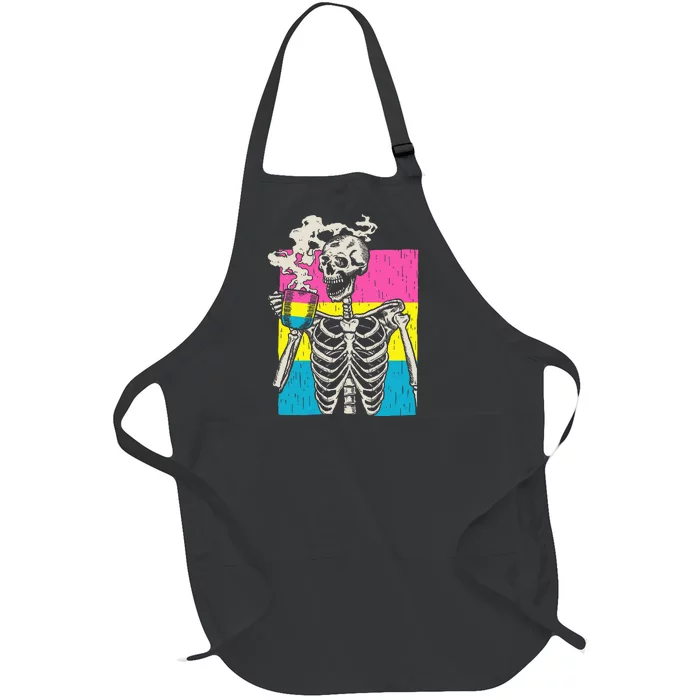 Skeleton Drinking Coffee Lgbtq Pansexual Pride Pan Flag Full-Length Apron With Pocket