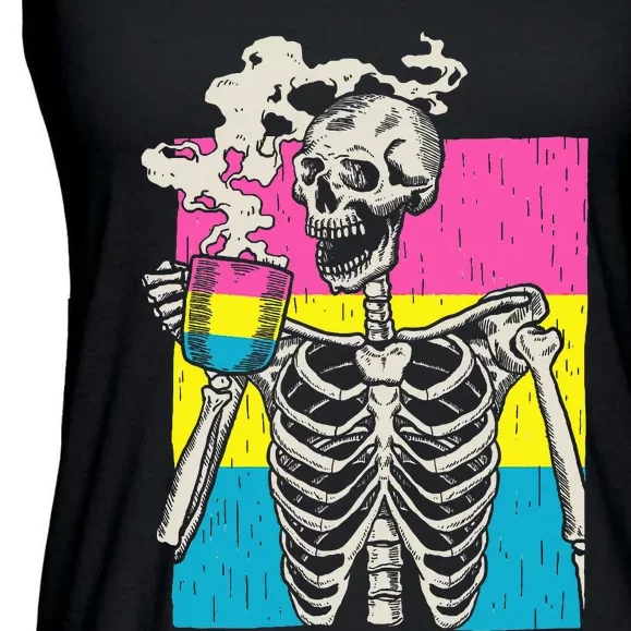 Skeleton Drinking Coffee Lgbtq Pansexual Pride Pan Flag Ladies Essential Flowy Tank