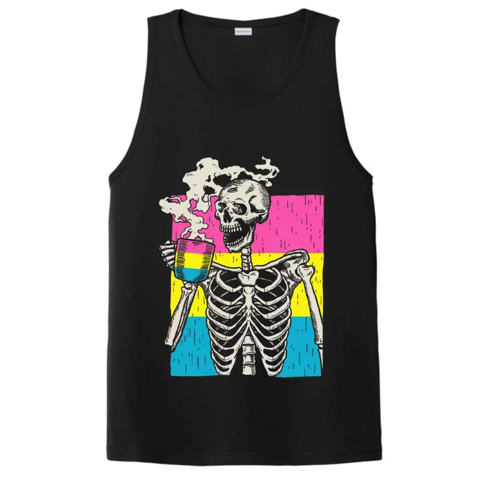 Skeleton Drinking Coffee Lgbtq Pansexual Pride Pan Flag Performance Tank