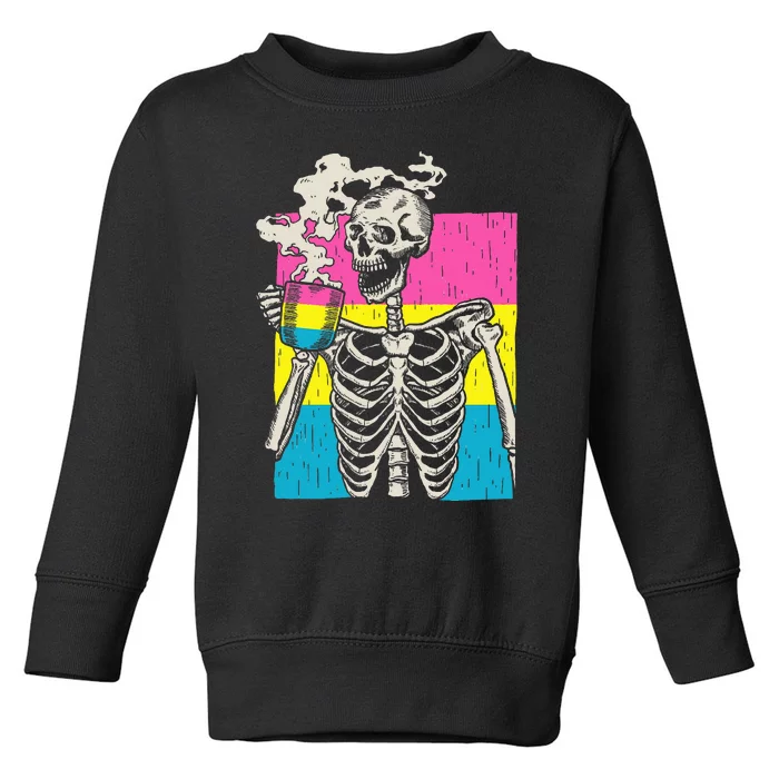 Skeleton Drinking Coffee Lgbtq Pansexual Pride Pan Flag Toddler Sweatshirt