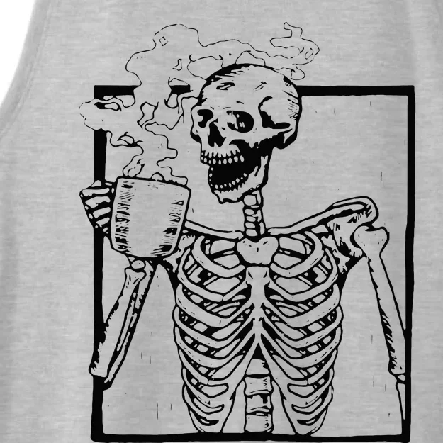 Skeleton Drinking Coffee Front Design Ladies Tri-Blend Wicking Tank