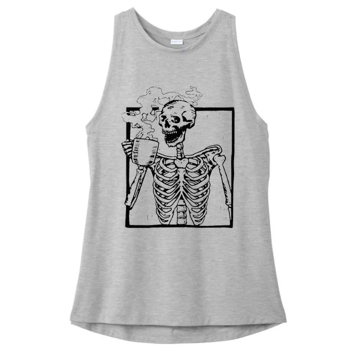 Skeleton Drinking Coffee Front Design Ladies Tri-Blend Wicking Tank