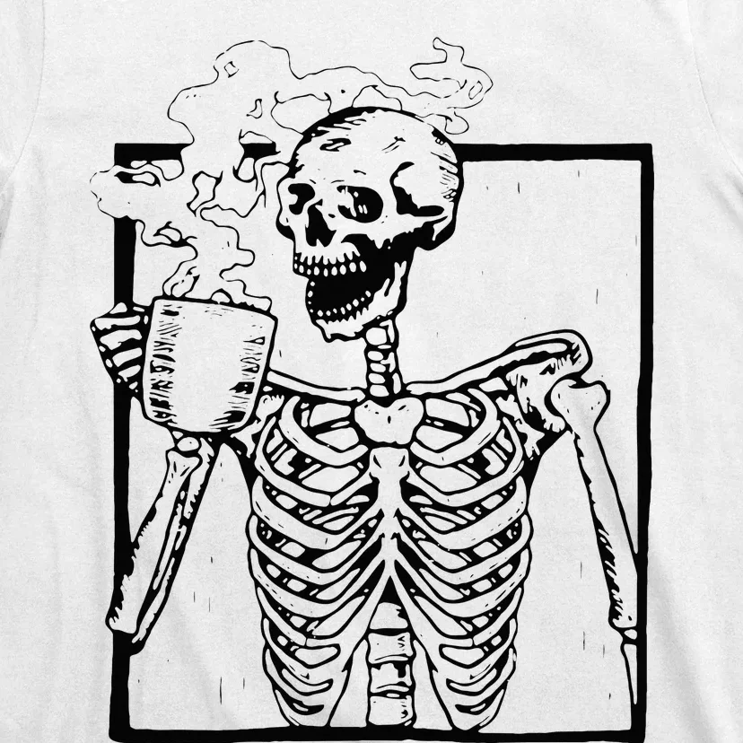 Skeleton Drinking Coffee Front Design T-Shirt