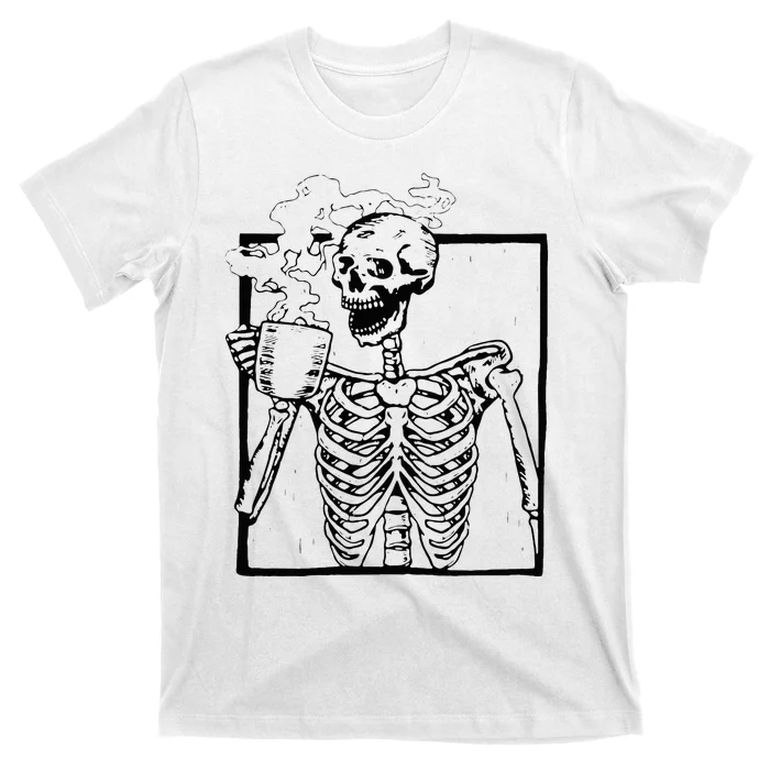 Skeleton Drinking Coffee Front Design T-Shirt