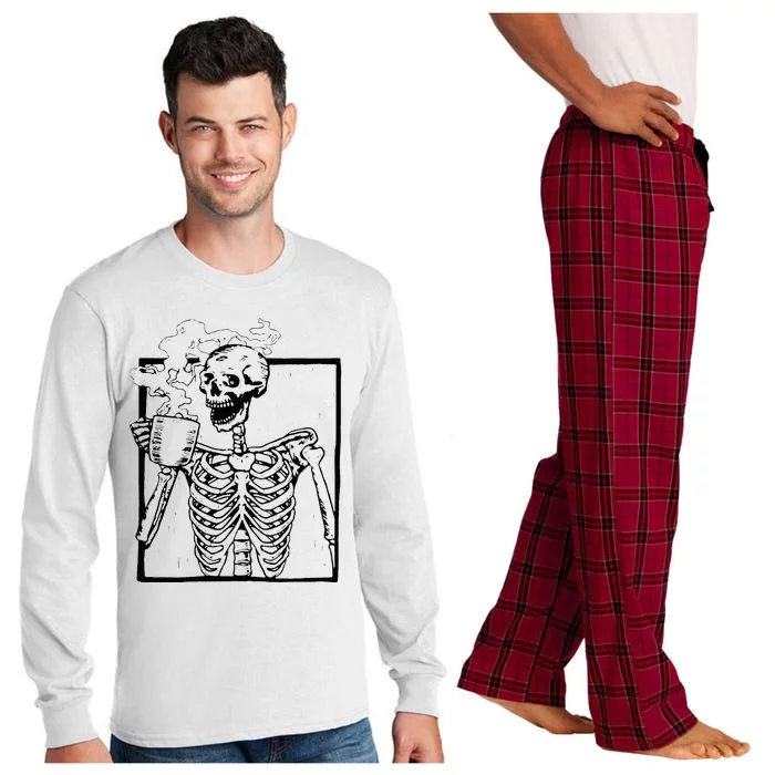 Skeleton Drinking Coffee Front Design Long Sleeve Pajama Set