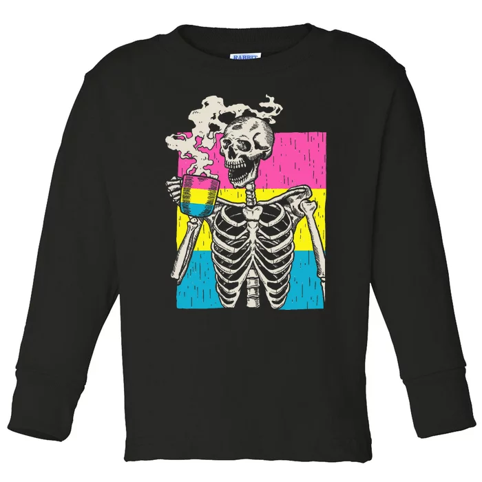 Skeleton Drinking Coffee Lgbtq Pansexual Pride Pan Flag Toddler Long Sleeve Shirt