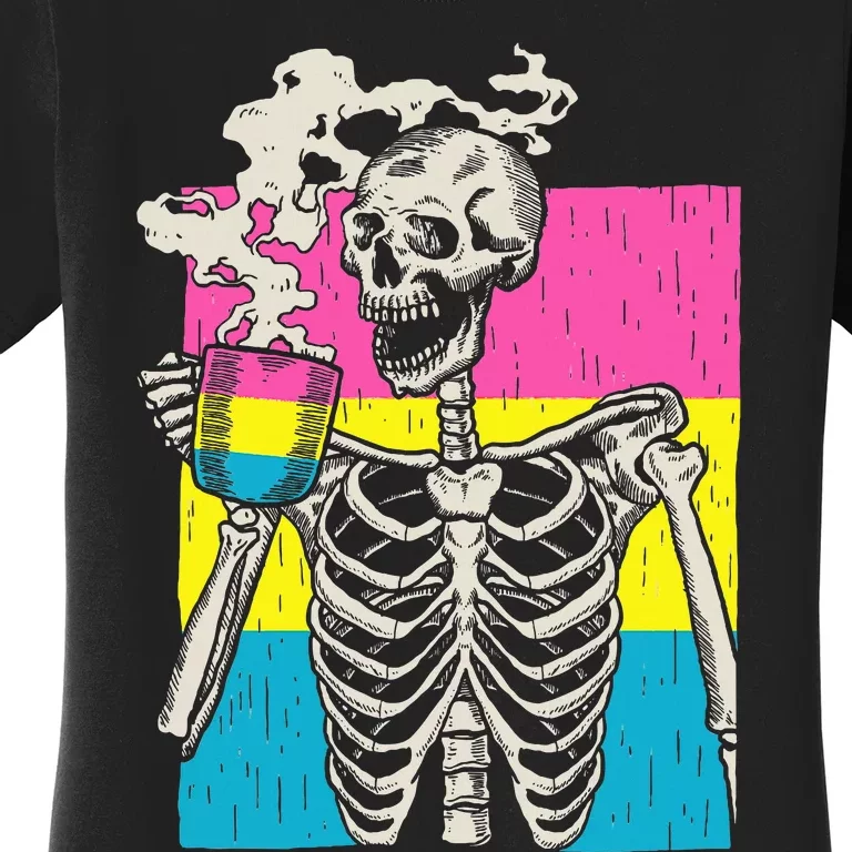 Skeleton Drinking Coffee Lgbtq Pansexual Pride Pan Flag Women's T-Shirt