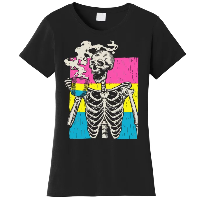 Skeleton Drinking Coffee Lgbtq Pansexual Pride Pan Flag Women's T-Shirt