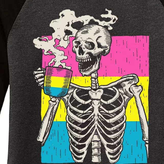 Skeleton Drinking Coffee Lgbtq Pansexual Pride Pan Flag Women's Tri-Blend 3/4-Sleeve Raglan Shirt