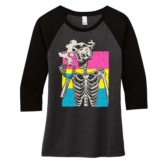 Skeleton Drinking Coffee Lgbtq Pansexual Pride Pan Flag Women's Tri-Blend 3/4-Sleeve Raglan Shirt