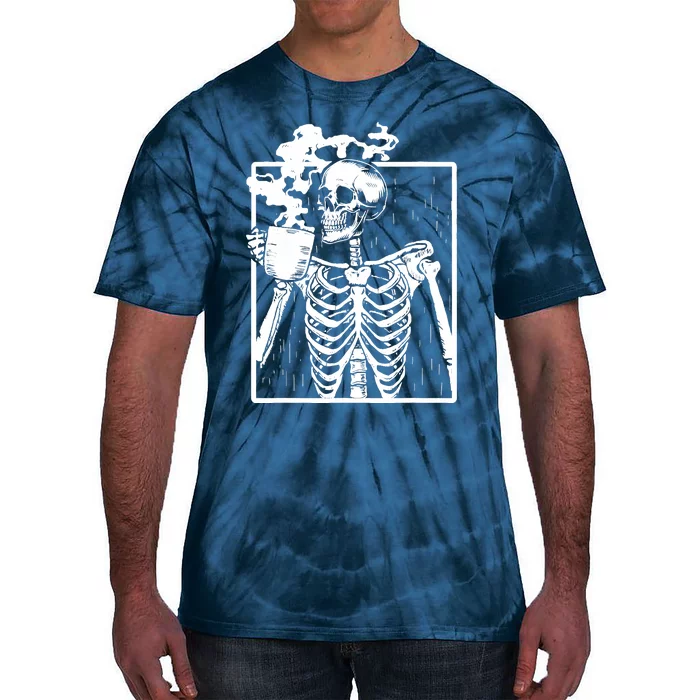 Skeleton Drinking Coffee DIY Halloween Messy Bun Wo Girl Tie-Dye T-Shirt