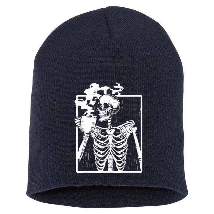 Skeleton Drinking Coffee DIY Halloween Messy Bun Wo Girl Short Acrylic Beanie