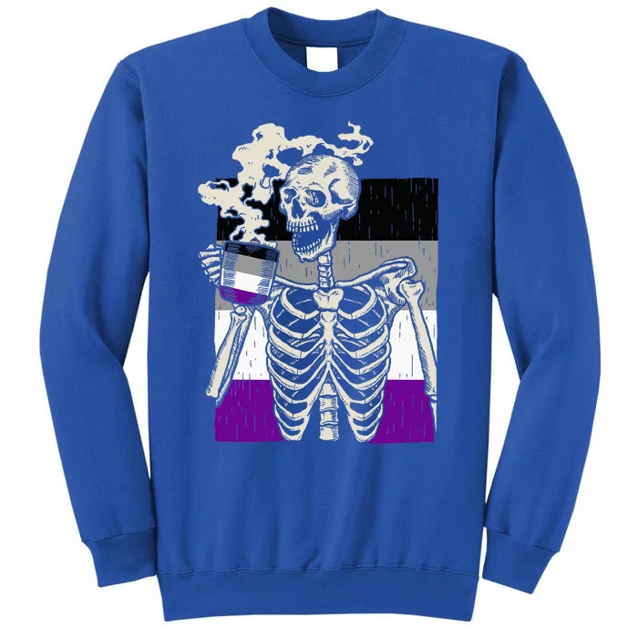 Skeleton Drinking Coffee Lgbtq Retro Asexual Pride Flag Tall Sweatshirt