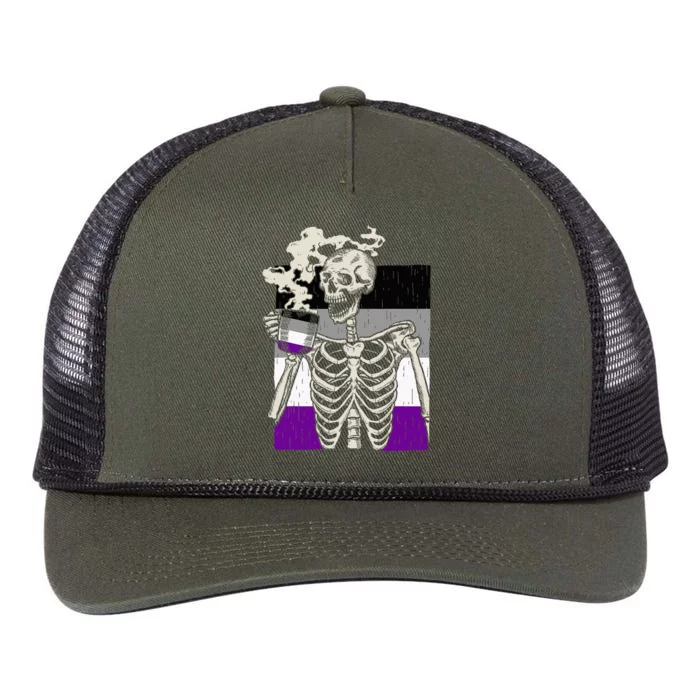 Skeleton Drinking Coffee Lgbtq Retro Asexual Pride Flag Retro Rope Trucker Hat Cap