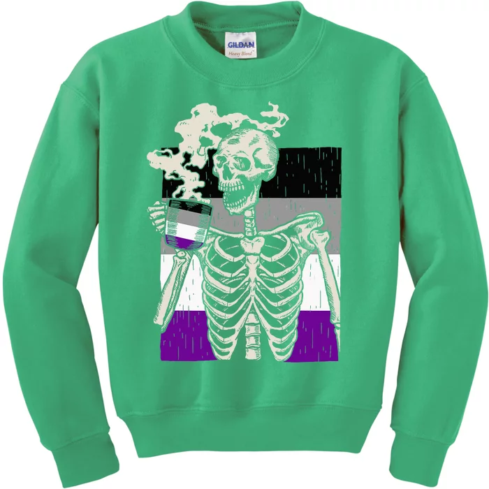 Skeleton Drinking Coffee Lgbtq Retro Asexual Pride Flag Kids Sweatshirt