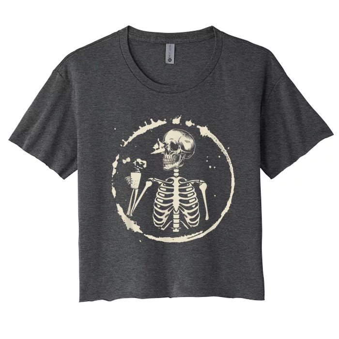 Skeleton Drinking Coffee shirt, Lazy Halloween Costume Skull Women's Crop Top Tee