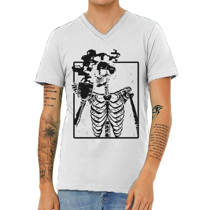 Skeleton Drinking Coffee Halloween V-Neck T-Shirt