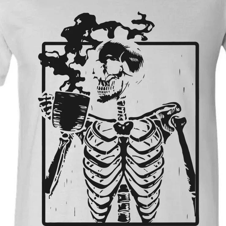 Skeleton Drinking Coffee Halloween V-Neck T-Shirt