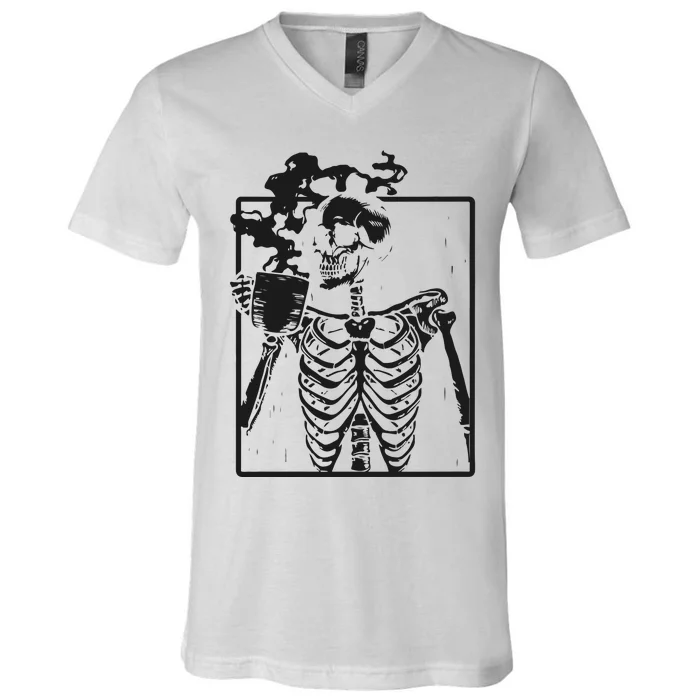 Skeleton Drinking Coffee Halloween V-Neck T-Shirt