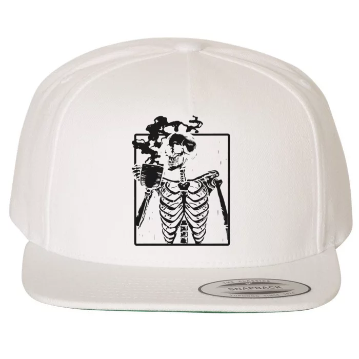 Skeleton Drinking Coffee Halloween Wool Snapback Cap